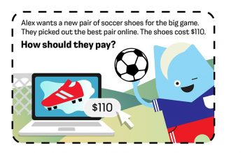 Blue character with a soccer ball. Text reads: Alex wants a new pair of soccer shoes for the big game. They picked the best pair online. The shoes cost $110. How should they pay?