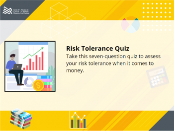 Screen shot shows a multiple choice quiz with financial imagery.