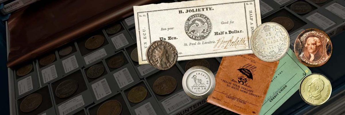 Photo collage, variety of old coins, paper money, booklets over a darkened background of a coin storage drawer.